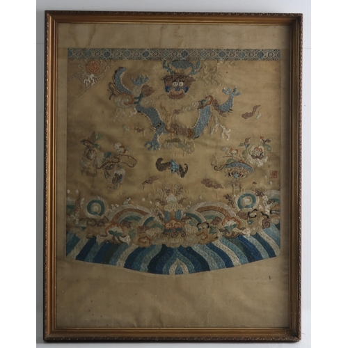 352 - A COLLECTION OF CHINESE SILK EMBROIDERIESincluding an apricot ground panel / section of a robe, embr... 