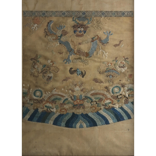 352 - A COLLECTION OF CHINESE SILK EMBROIDERIESincluding an apricot ground panel / section of a robe, embr... 