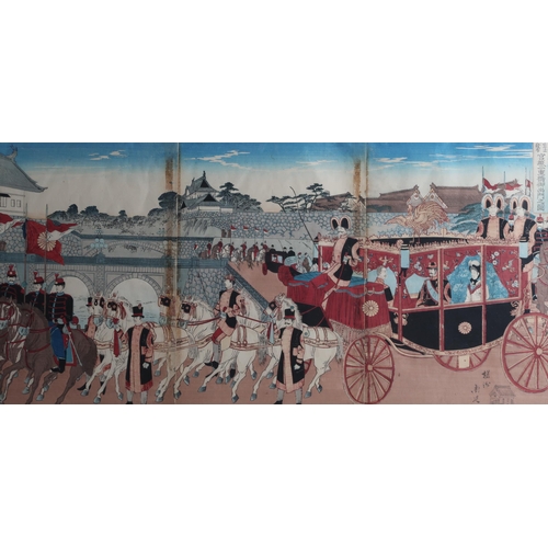 355 - TOYOHARA KUNICHIKA (1835-1900)a Japanese woodblock oban triptych depicting the play 'Nachi no Taki C... 