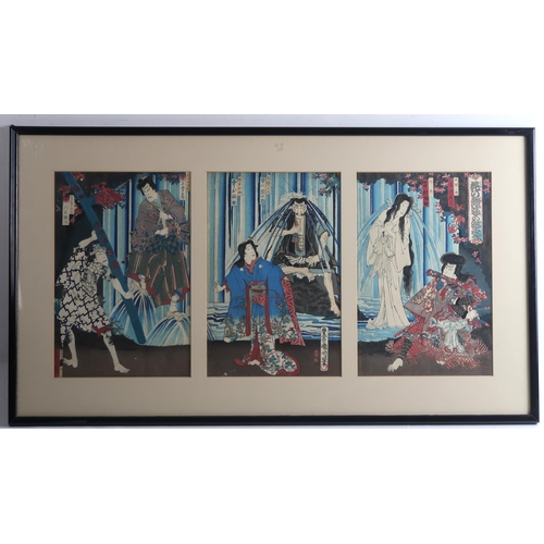 355 - TOYOHARA KUNICHIKA (1835-1900)a Japanese woodblock oban triptych depicting the play 'Nachi no Taki C... 