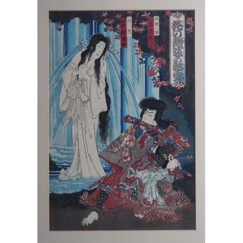 355 - TOYOHARA KUNICHIKA (1835-1900)a Japanese woodblock oban triptych depicting the play 'Nachi no Taki C... 