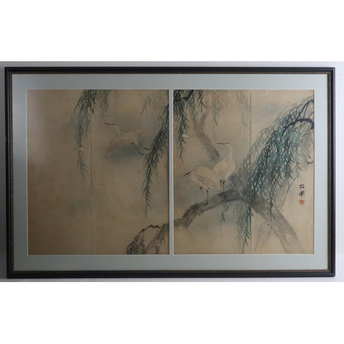 358 - A COLLECTION OF CHINESE & JAPANESE PAINTINGSincluding a Japanese watercolour diptych of cranes a... 