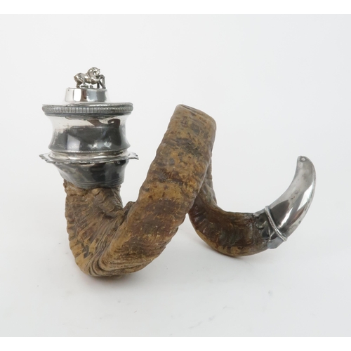 407 - A SILVER MOUNTED RAMS HORN PRESENTATION SNUFF MULLthe hinged cover surmounted by a horse, supported ... 