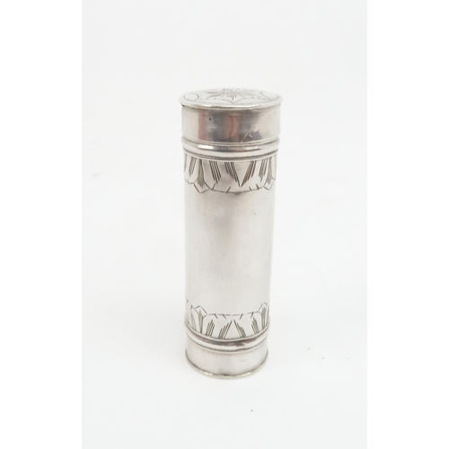 410 - A WILLIAM AND MARY SILVER NUTMEG GRATERof cylindrical form, the  body engraved with bands of leaves,... 