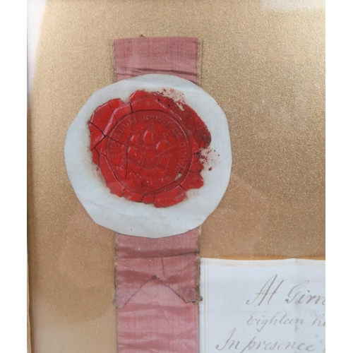 503 - A FREEMAN AND BURGESS SEAL 1871to John McKenna Postmaster in Girvan, framed, document, 20 x 14cm... 