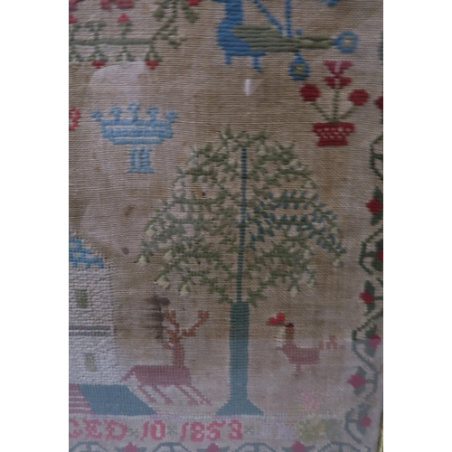 508 - A VICTORIAN SAMPLER 1853woven in coloured wools, by Mary Brown, with country house, animals, trees, ... 