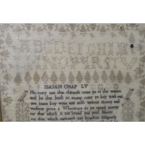 510 - A WILLIAM IV SAMPLER 1833woven in coloured silks by Ann Rew, with bible psalm, alphabet, trees, bird... 