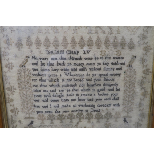 510 - A WILLIAM IV SAMPLER 1833woven in coloured silks by Ann Rew, with bible psalm, alphabet, trees, bird... 