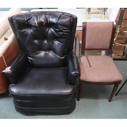 101 - A 20th century brown vinyl swivel armchair, teak framed open armchair, mahogany framed side chair an... 