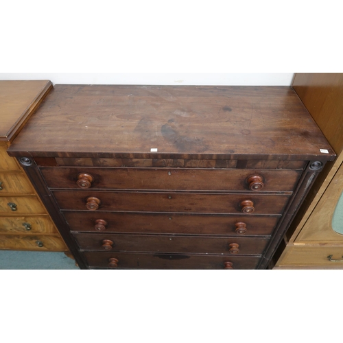 109 - A Victorian mahogany five drawer chest with turned handles, 110cm high x 124cm wide x 52cm deep