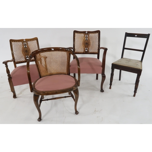 116 - A pair of mahogany framed sabre legged chairs, three bergere backed armchairs and a mahogany framed ... 