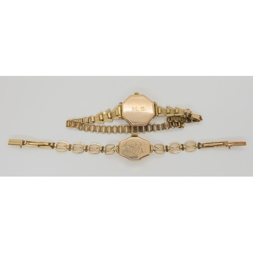 582 - A 9ct gold cased ladies Elgin wristwatch with rolled gold strap, a further 9ct gold ladies watch hea... 