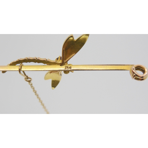 589 - A 9ct gold dragonfly bar brooch set with amethyst and split pearls, length 6.7cm x 2.5cm, weight 5.7... 