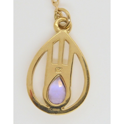 591 - A 9ct gold Mackintosh style amethyst pendant, a 9ct amethyst and diamond accent pendant, a locket an... 