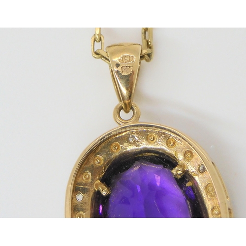 591 - A 9ct gold Mackintosh style amethyst pendant, a 9ct amethyst and diamond accent pendant, a locket an... 