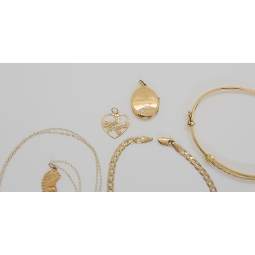 596 - A collection of 9ct gold and yellow metal items to include a bangle, four pendants, chains 9ct back ... 