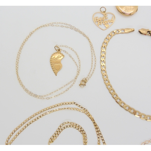 596 - A collection of 9ct gold and yellow metal items to include a bangle, four pendants, chains 9ct back ... 