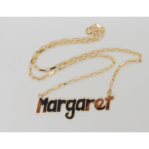 605 - A 9ct gold necklet spelling out 'Margaret', length of necklace 44cm, weight 7.7gms