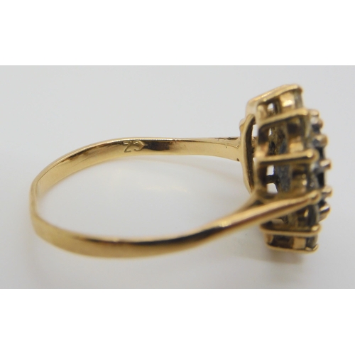 613 - A 9ct gold diamond cluster ring, size O1/2,a 9ct gold sapphire and clear gem set ring size M and a r... 