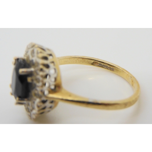 618 - Three 9ct gold rings, a three cz ring, size O, a sapphire and diamond accent cluster ring, size L, a... 