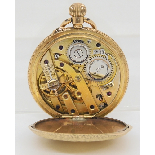 632 - A 14k gold fob watch, with pretty enamelled dial (inner dust cover metal) weight 21.2gms