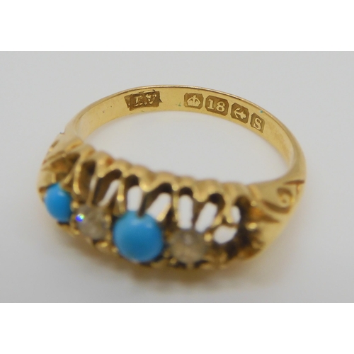 646 - An 18ct gold ring set with one old cut diamond, one clear gem and turquoise (one missing) size K, we... 