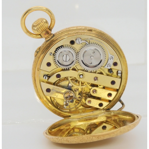 647 - An 18ct gold fob watch conversion to wristwatch, hand engraved case, inner dust cover also 18k, is i... 