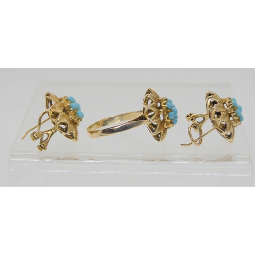 648 - A 14k retro suite of turquoise set earrings and ring, size P1/2, retailed by Sanborns of Mexico City... 