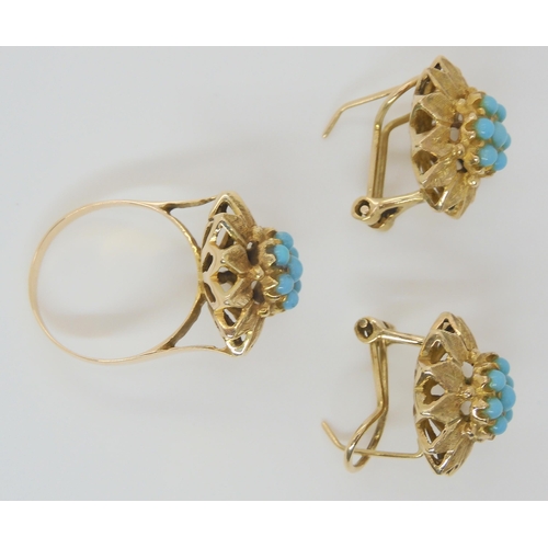 648 - A 14k retro suite of turquoise set earrings and ring, size P1/2, retailed by Sanborns of Mexico City... 