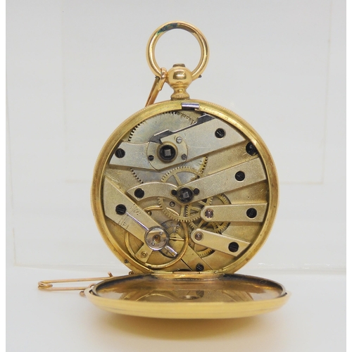 652 - A small pocket watch stamped K18, diameter 3.5cm, inner dust cover metal weight 35.1gms