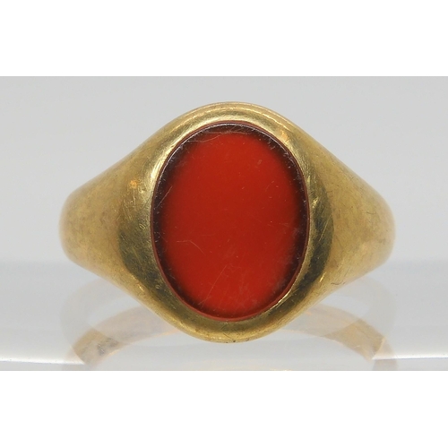 678 - A 9ct gold carnelian signet ring size Q, weight 5.6gms