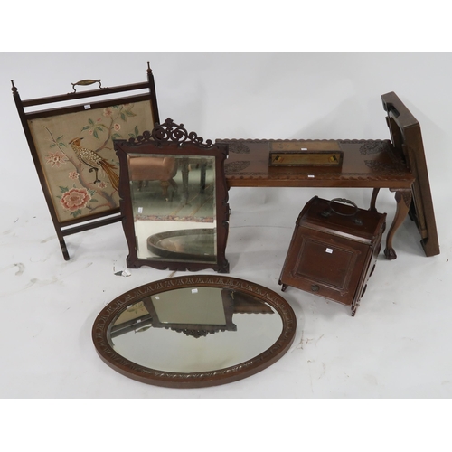 68 - A mixed lot to include tapestry fire screen, folding tray, two wall mirrors, coffee table, coal scut...