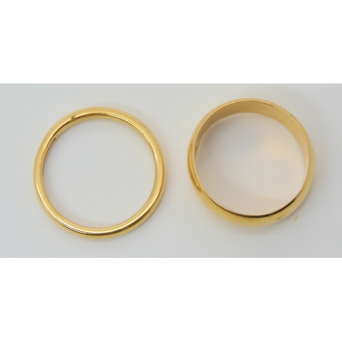 693 - Two 22ct gold wedding rings, wide band hallmarked Chester 1901, size N, and a Birmingham 1861 hallma... 