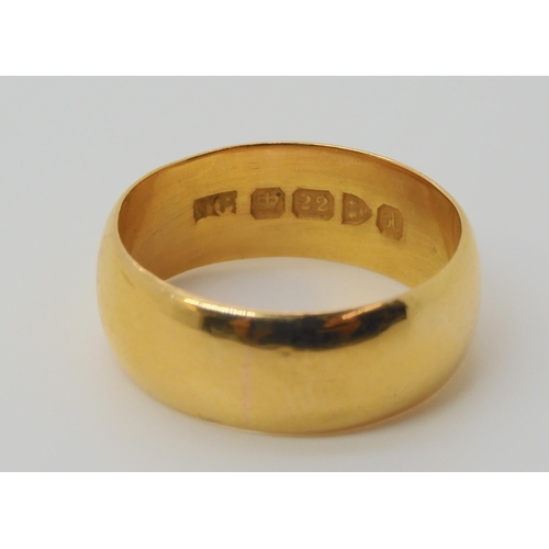 693 - Two 22ct gold wedding rings, wide band hallmarked Chester 1901, size N, and a Birmingham 1861 hallma... 