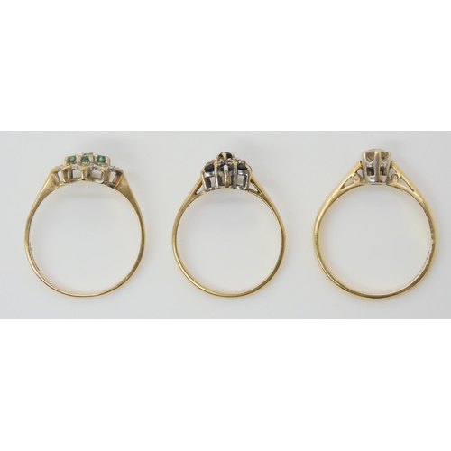 694 - Three 9ct gold rings, a cz solitaire size Q, emerald cluster size Q1/2, and a sapphire and diamond a... 