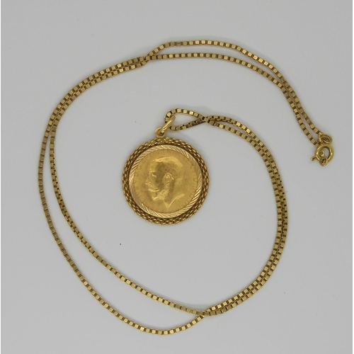A 1911 gold full sovereign in a 18ct gold pendant mount together with an 18ct gold box chain, length 60cm, weight 21.8gms