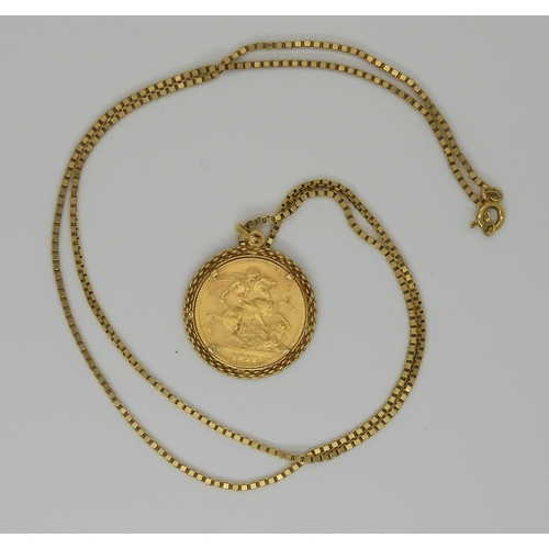 703 - A 1911 gold full sovereign in a 18ct gold pendant mount together with an 18ct gold box chain, length... 