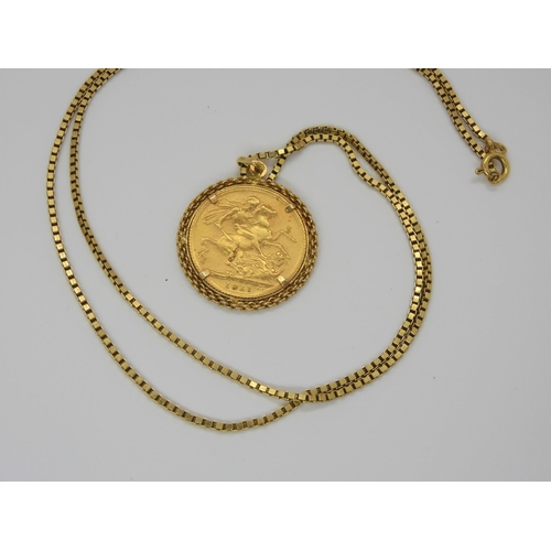 703 - A 1911 gold full sovereign in a 18ct gold pendant mount together with an 18ct gold box chain, length... 