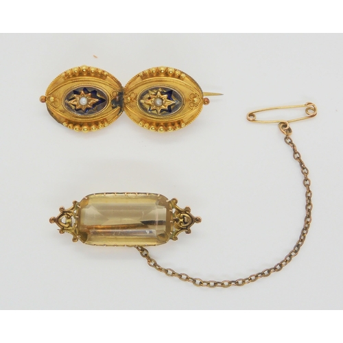 709 - A Victorian yellow metal pearl and enamel brooch, weight 4.4gms, together with  a yellow metal ... 