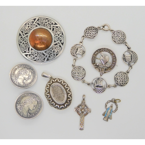 725 - A silver John Hart of Iona knotwork and longship bracelet, Maria Theresa coin earrings and other ite... 