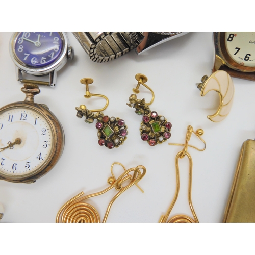 726 - A pair of gilded white metal Austro Hungarian gem set earrings, a continental silver fob watch and a... 