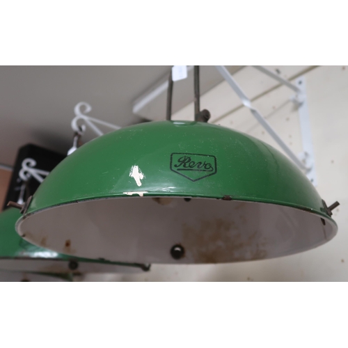 81 - A lot of five Revo green and white enamel industrial ceiling shades and a 20th century light control... 