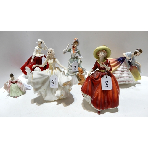 247 - Six Royal Doulton figures including Sara, Sweet Sixteen, a single red rose, Loyal Friend, Gail and L... 