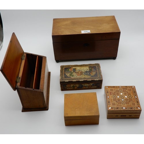 520 - A tea caddy together with a desk top tidy and various inlaid boxes etc (5)