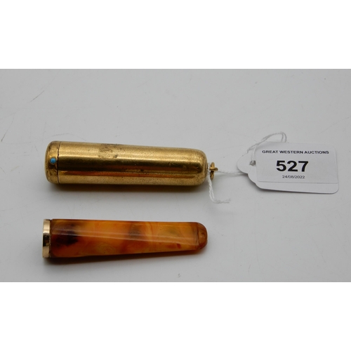 527 - A 9ct gold mounted amber cigarette holder in 18ct rolled gold case