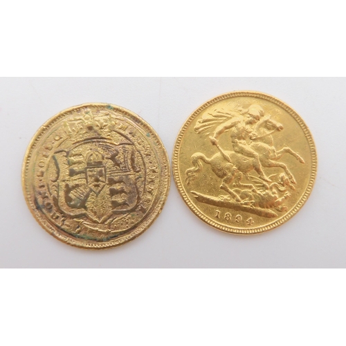 474 - A late Victorian half sovereign 1894, 4 grams together with a gilt coin