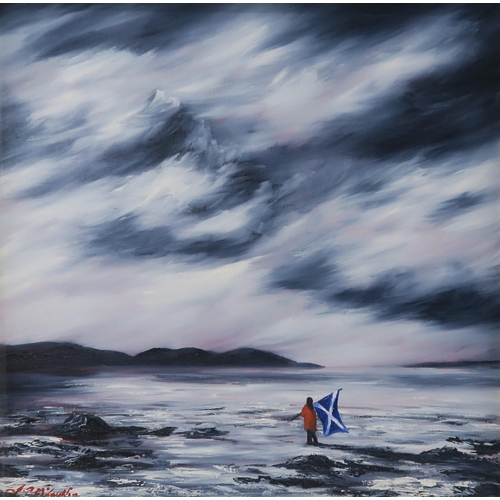 853 - J P MCLAUGHLIN (SCOTTISH b.1959)SALTIRE ON STORMY SHOREOil on canvas, signed lower left, 47 x 47cm (... 