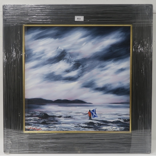 853 - J P MCLAUGHLIN (SCOTTISH b.1959)SALTIRE ON STORMY SHOREOil on canvas, signed lower left, 47 x 47cm (... 