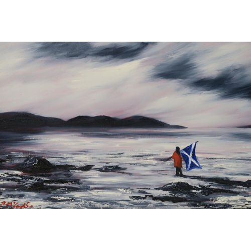 853 - J P MCLAUGHLIN (SCOTTISH b.1959)SALTIRE ON STORMY SHOREOil on canvas, signed lower left, 47 x 47cm (... 