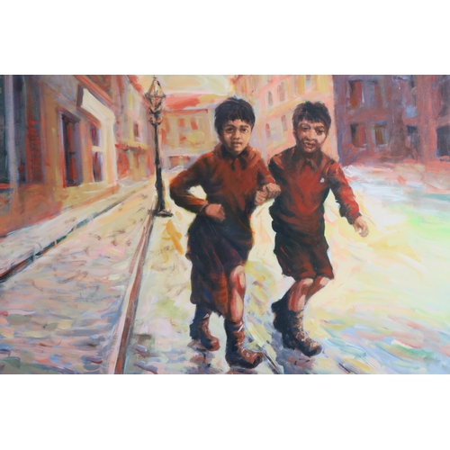 862 - FRANK MCFADDEN (SCOTTISH b.1972)GLASGOW BOYS Oil on board, signed lower left, 59 x 84cm (23.25 x 33